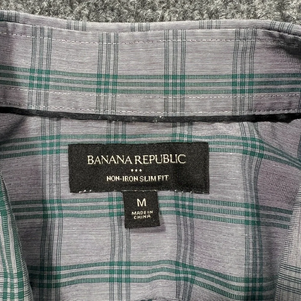 Banana Republic Men's Medium‎ Non-Iron Slim Fit Plaid Dress Shirt Green Grey